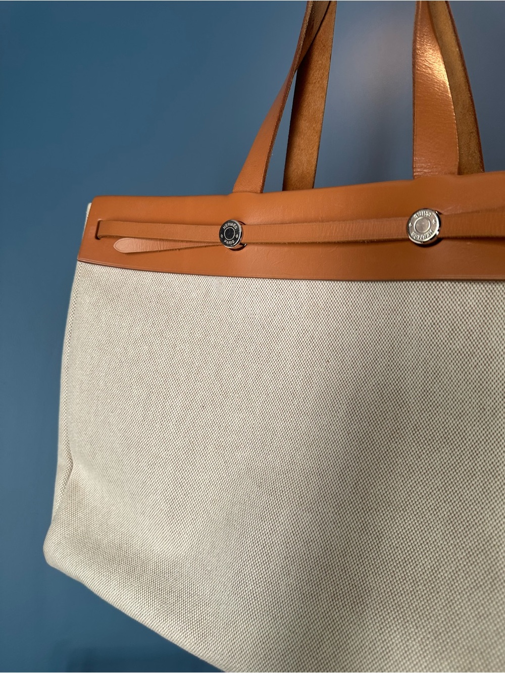 Hermes Large Herbag 2-in-1 Canvas Tote with Tan Leather Trim